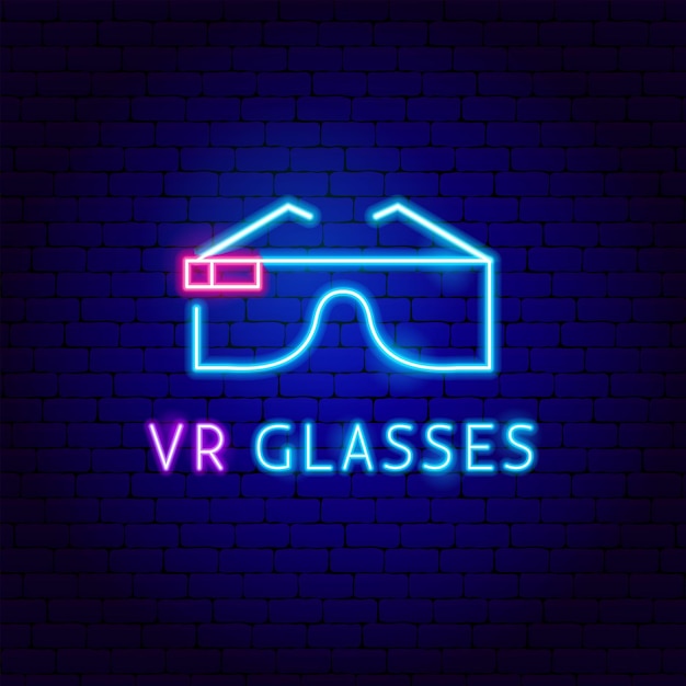 Etichetta al neon per occhiali vr. illustrazione vettoriale di promozione della realtà virtuale.