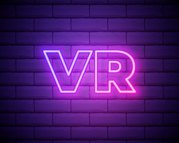 VR Neon Sign Векторная иллюстрация продвижения виртуальной реальности VR неоновая вывеска изолирована на фоне кирпичной стены