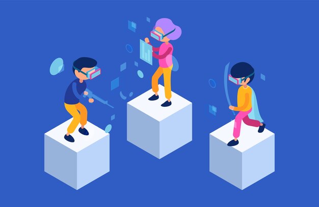 Vector vr people. future characters male and female playing in virtual reality games immersive technology. modern isometric vector characters. illustration simulation experience playing video game