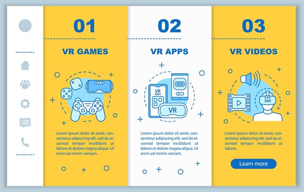 Vr 프로그램 온보딩 모바일 웹 페이지 벡터 템플릿 가상 현실 비디오 앱 게임 반응형 스마트폰 웹사이트 인터페이스 아이디어 웹페이지 연습 단계 화면 색상 개념