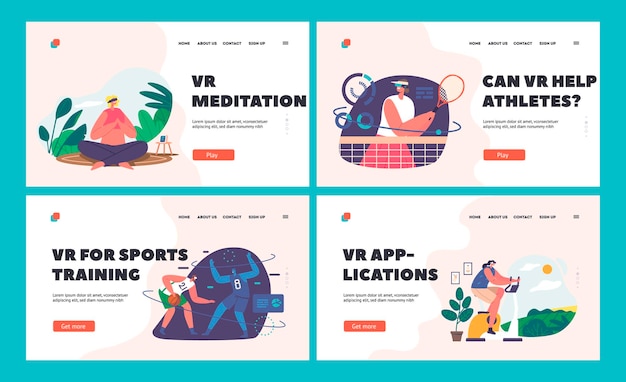 Vr sport landing page template set characters fully immersed in virtual reality sports future of gaming and fitness