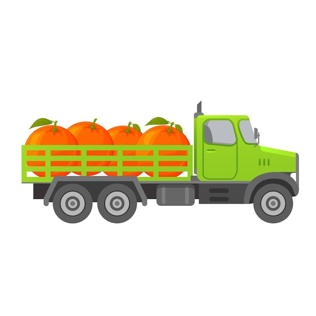 Vrachtauto fruit. Rijpe sinaasappelen oogsten. Rijpe tropische citrusvruchten.