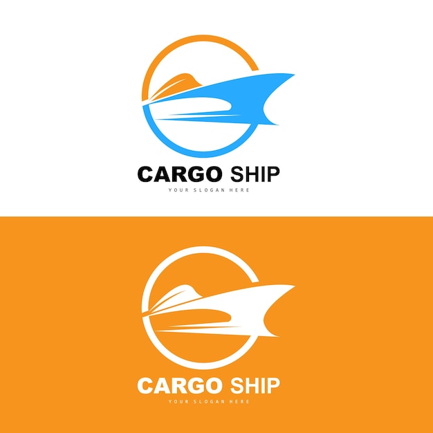 Vector vrachtschip logo snel vrachtschip vector zeilboot ontwerp voor scheepsbouwbedrijf waterweg zeilen mariene voertuigen transport logistiek