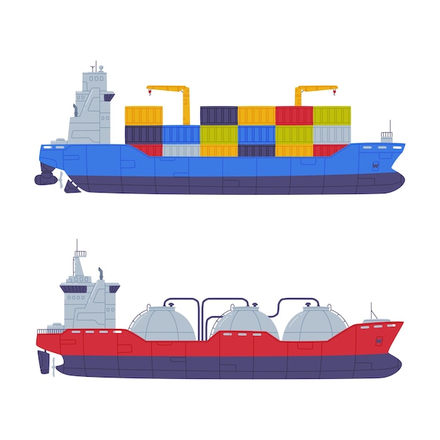 Vrachtschip met containers en olie- en gastanker platte vectorillustratie geïsoleerd op witte platte vektorillustratie