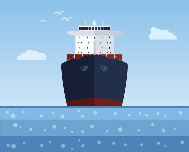 Vrachtschip met een lading in de zee. Vector illustratie.