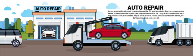 Vrachtwagen auto slepen naar auto garage horizontale banner opnieuw laden met kopie ruimte