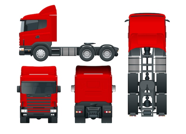 Vrachtwagen trekker of oplegger vrachtwagen. lading leveren voertuig sjabloon vector geïsoleerde illustratie voorzijde, achterzijde, zijkant, bovenkant bekijken. auto voor het vervoer van goederen. verander de kleur in één klik.