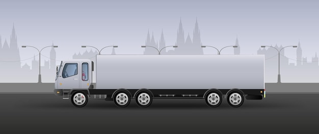 Vector vrachtwagen voor snelle levering. realistische compositie in witte en grijze tinten. stad achtergrond. vector illustratie.