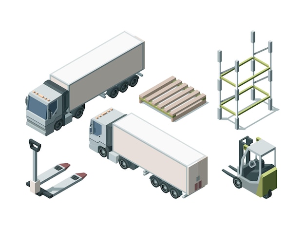 Vrachtwagens en magazijnapparatuur isometrische set. vrachtwagens en laadgereedschap. vorkheftruck en laadpallet. logistiek concept. verzending van goederen en producten