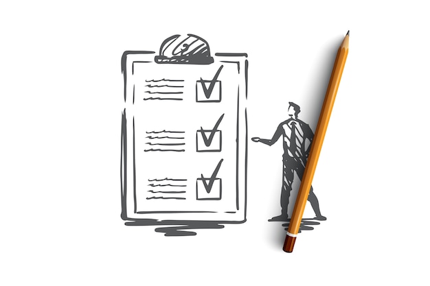 Vragenlijst, formulier, test, checklist, enquêteconcept. Hand getekende persoon en enquête formulier concept schets.