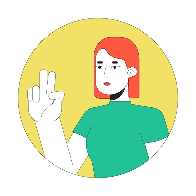 Vrede teken meisje Europese 2D lijn vector avatar illustratie Victorious blanke vrouwelijke omtrek cartoon personage gezicht Selfie nemen Gesturing twee vingers omhoog platte kleur gebruiker profiel afbeelding geïsoleerd