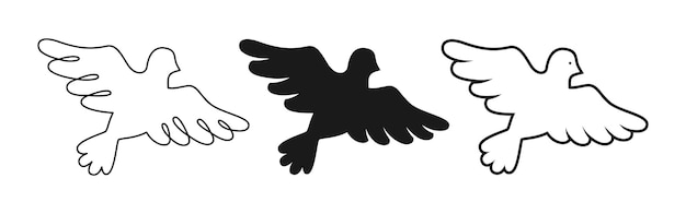 Vredessymbool duif silhouet stempel doodle overzicht set vliegende vogel duif teken puur heilig geen oorlog icon