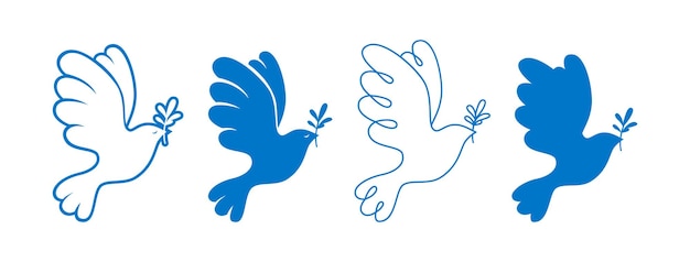 Vredessymbool duif silhouet stempel doodle schets set geen oorlog concept Vogel vliegen olijftak teken