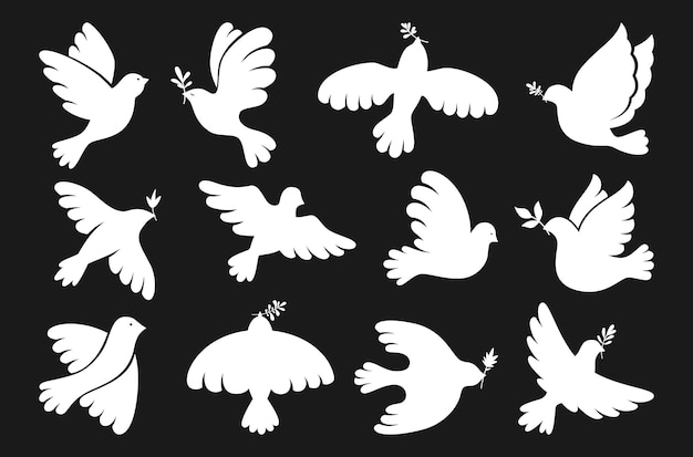 Vredessymbool duif vorm set vliegende vogel duif olijftak teken vrijheid mensheid vreedzaam embleem