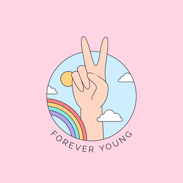 Vredestekenhand met kleurrijke regenboogillustratie voor gelukkige jeugddag voor altijd jonge campagne