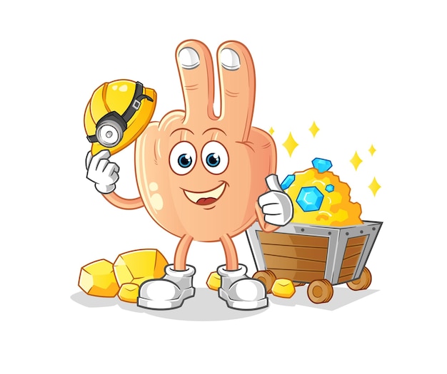 Vredesvinger mijnwerker met gouden karakter cartoon mascotte vector