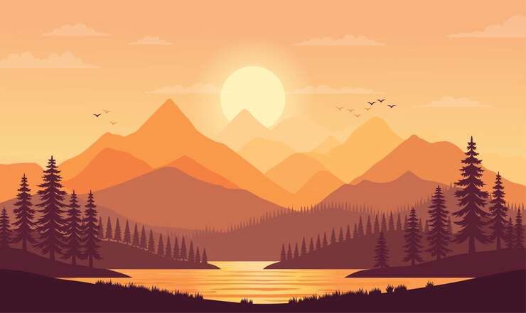 Vector vreedzaam natuurlandschap in de bergen met uitzicht op de rivier en de zon bij zonsondergang