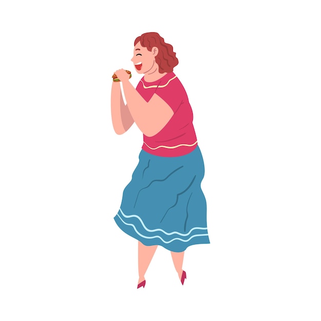 Vreemde mollige vrouw die hamburgers eet, vrouw in casual kleding die geniet van fastfood.