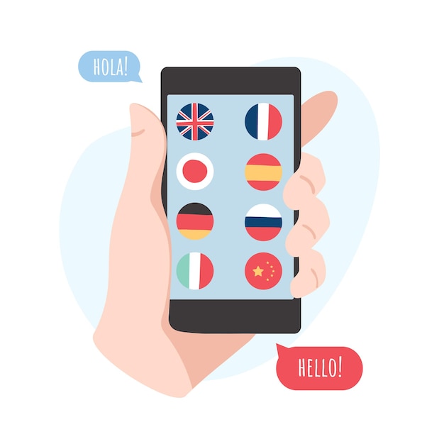 Vreemde talen leren met behulp van de smartphone een apparaat met een menselijke hand met vlaggen op het scherm