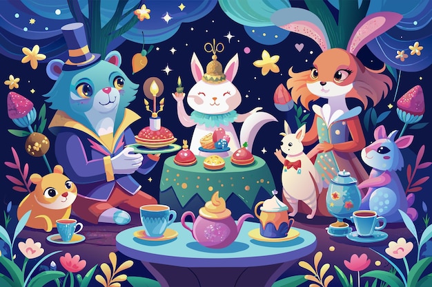 Vreemde theepartij met pratende dieren en magische theesets Illustratie