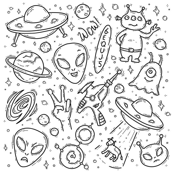 Vector vreemdelingen niet-geïdentificeerd vliegend object ufo vector lineaire doodle pictogrammen set