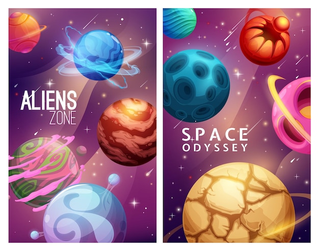 Vreemdelingenzone en ruimte-odyssee. Cartoon sterrenstelsel planeten