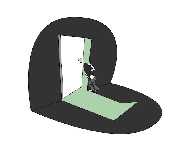 Vreesvolle lange donkere haar vrouw personage het openen van de deur in een schaduw scène Cartoon stijl vector