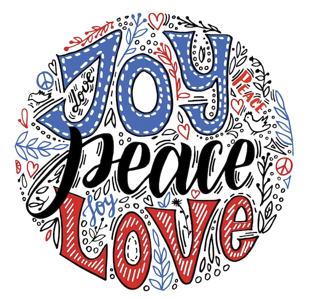 Vreugde vrede liefde. vector hand geschreven bloemengroet cardd bloemenkroon