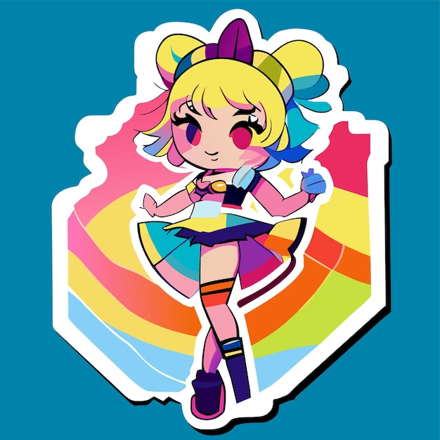 Vreugdevol gelukkig schattig meisje met opgeheven hand chibi regenboog cartoon sticker