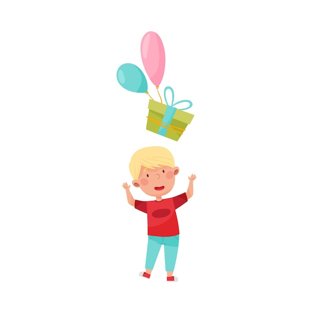 Vreugdevol jongen personage vangt geschenkdoos met ballon vector illustratie