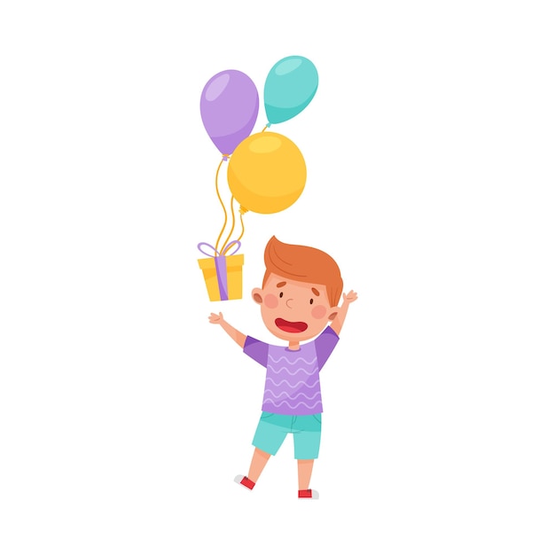 Vreugdevol jongen personage vangt geschenkdoos met ballon vector illustratie