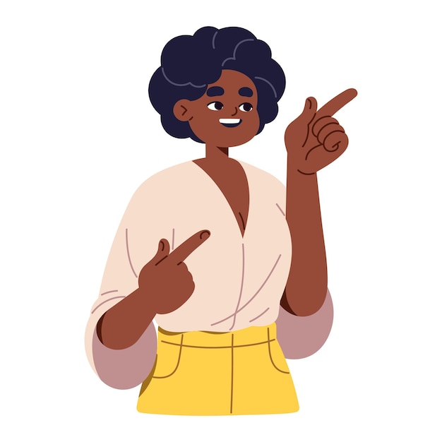 Vreugdevol meisje toont succes teken check Gelukkige tiener wijst met de vingers naar de zijkant hand gebaren Grappige tiener verheugt zich om het doel te bereiken vind idee Platte geïsoleerde vector illustratie op witte achtergrond