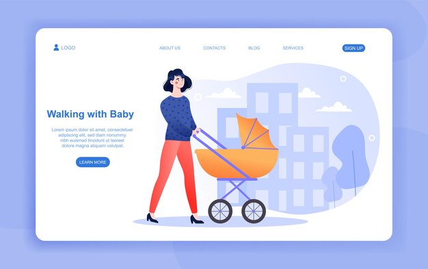 Vreugdevol vrouwelijk personage loopt met de baby in het park concept van het moederschap en het goed verzorgen van