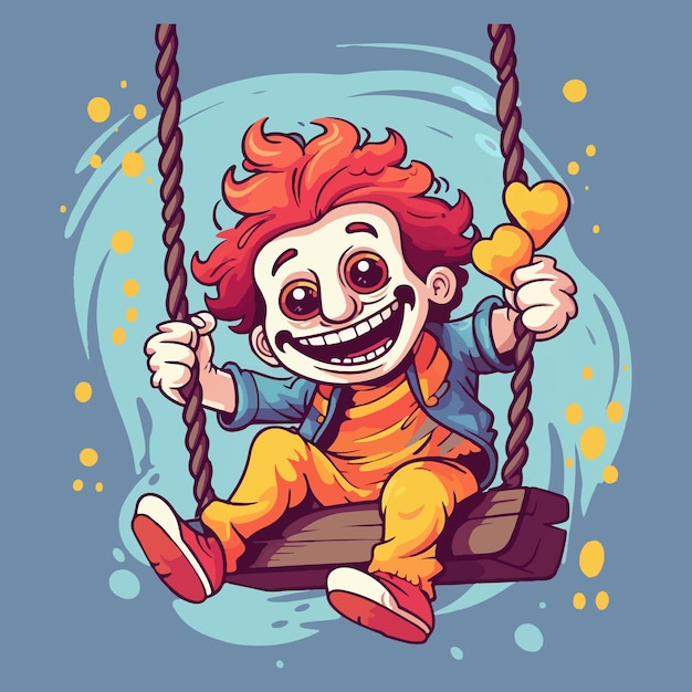 Vreugdevolle clown die op een schommel zwaait creatief illustratie stickerontwerp