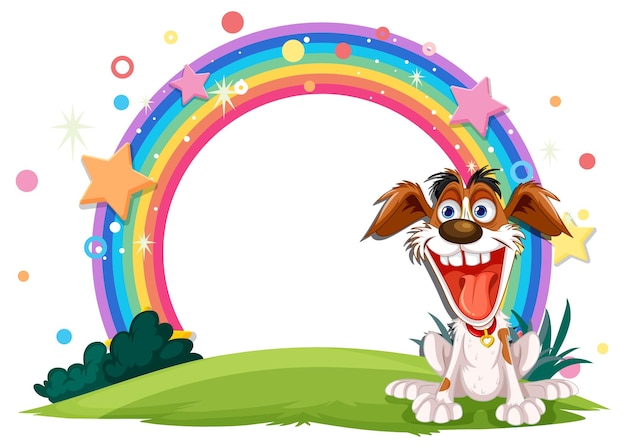 Vreugdevolle hond onder een kleurrijke regenboog