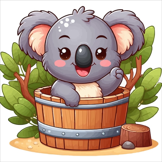 Vreugdevolle koala in een houten emmer cartoon vector illustratie