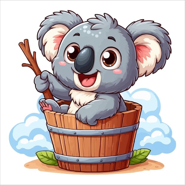 Vreugdevolle koala in een houten emmer cartoon vector illustratie