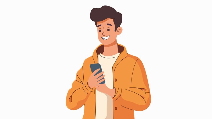 Vector vreugdevolle man die met een glimlach smartphone-technologie tentoonstelt