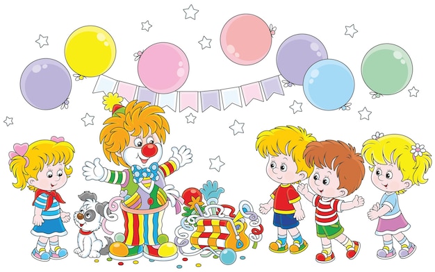 Vector vriendelijk lachende circusclown met zijn puppyspeelgoed en ballonnen die spelen met gelukkige kinderen