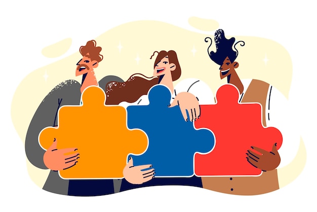 Vriendelijk team van mensen met kleurrijke puzzels met een glimlach samengesteld dankzij coworking