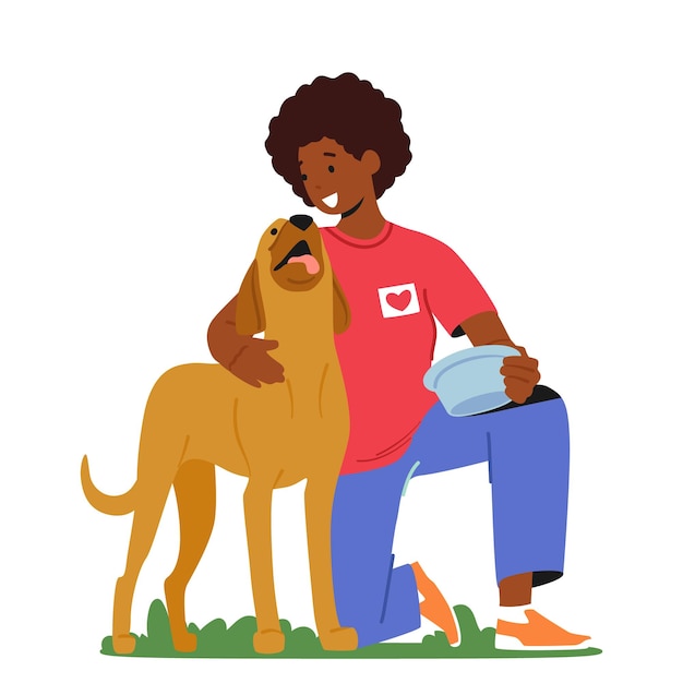Vriendelijk vrouwelijk vrijwilligerskarakter dat hond voedt in dierenasiel of pond Jonge Afro-Amerikaanse vrouw met kom