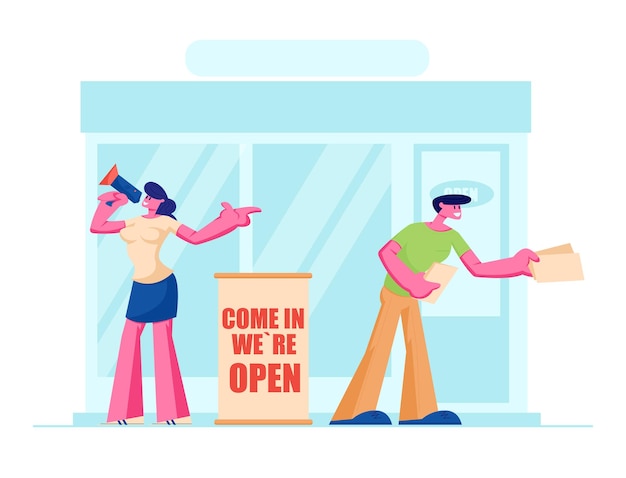 Vriendelijke organisatoren die uitnodigingsfolders geven bij de ingang van de winkel voor een open winkelevenement