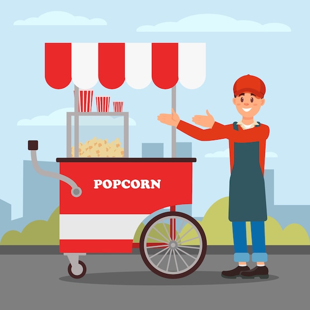 Vriendelijke verkoper die zich dichtbij popcornkar bevindt. street food trolley. plat ontwerp