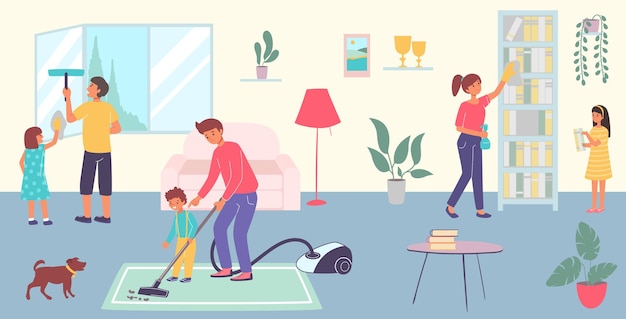 Vriendelijke vrolijke familie bij elkaar schone kamer huis