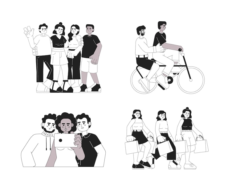 Vector vrienden activiteiten monochromatische platte vector karakters set tijd samen doorbrengen bewerkbare dunne lijn volledige lichaam mensen op wit eenvoudige bw cartoon spot afbeeldingen verzameling voor web grafisch ontwerp