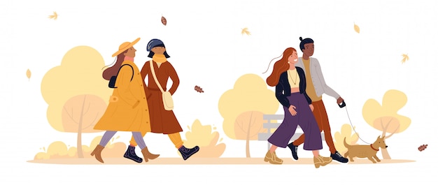 Vrienden, geliefden paar wandelen in herfst park
