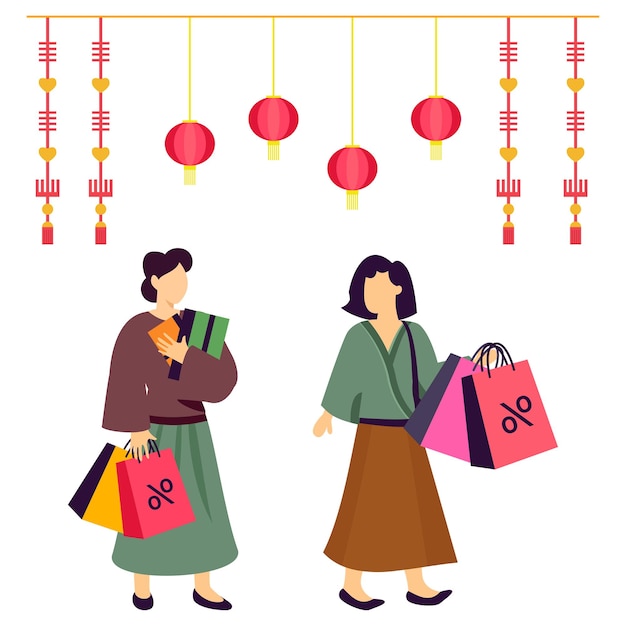Vrienden komen terug van Shopping for Lunar Year concept Dames houden gereduceerde tassen