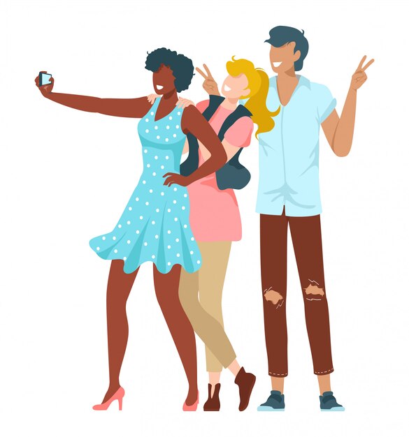 Vrienden samen, jongeren die selfie in telefoon nemen voor instagram of sociale media illustratie die op wit wordt geïsoleerd.