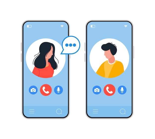 Vector vrienden videobellen op telefoons jongen en meisje op telefoonscherm mobiele communicatie-app
