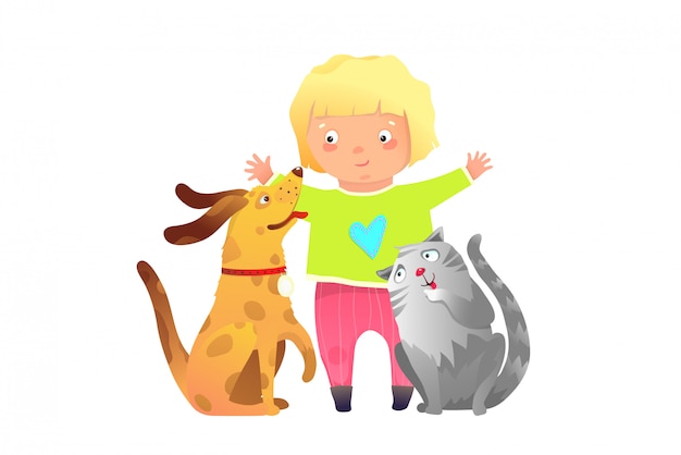 Vector vrienden voor altijd een meisje en een puppy hond en kat kind clip art cartoon